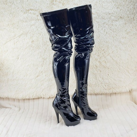 Stretch Patent Black 6" High Heel Platform Thigh High Crotch Boots Sultry - Picture 8 of 8